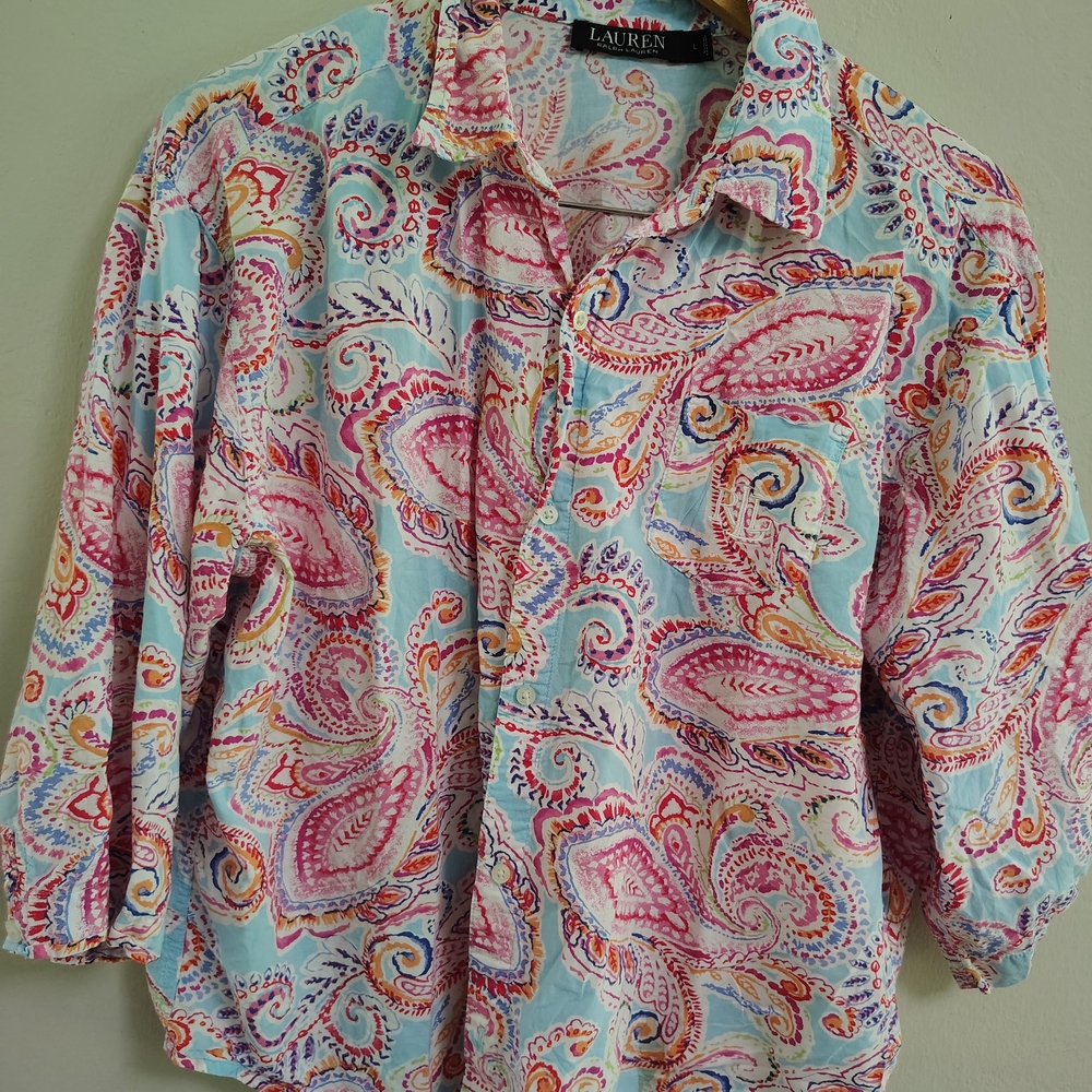 Ralph Lauren Women's Paisley Pajama Top & Capri Bottoms- Pink/Blue Size Lg